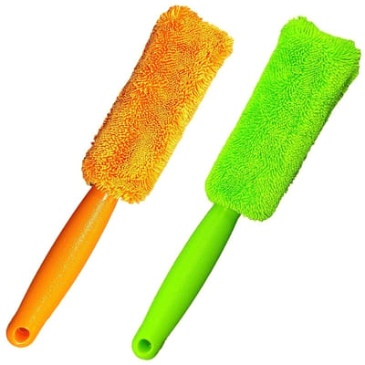 Borstels - Set van 2 zachte microvezel metaalvrije autovelg- en wielborstels - Krasvrije bandenborstels - voor het reinigen van wielen - Universele accessoire voor het wassen van autobanden (oranje en groen)
