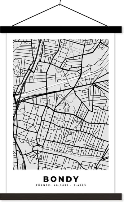 Posterhanger incl. Poster 40x60 cm - Schoolplaat - Plattegrond - Bondy - Stadskaart - Kaart - Frankrijk - Textielposter - Zwarte latten - Stadskaart