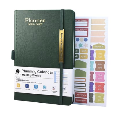 Dailygoods- Dagboek 2026-2027 - A5 Weekoverzicht - Lederen Hoes - 18 Maanden - Kalenderstickers - Contactpagina's - Agenda