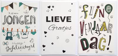 3 Wenskaarten - Het is een Jongen + Fijne Verjaardag + Lieve groetjes - 12 x 17 cm – GEB-313