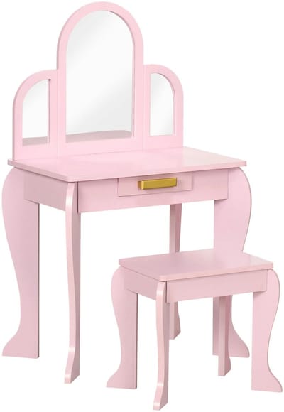 NordHaus Kinderkaptafel - Kinder Schminktafel - Make-uptafel met 3 Spiegels en Kruk - Opberglade - Roze 52x32x85 cm