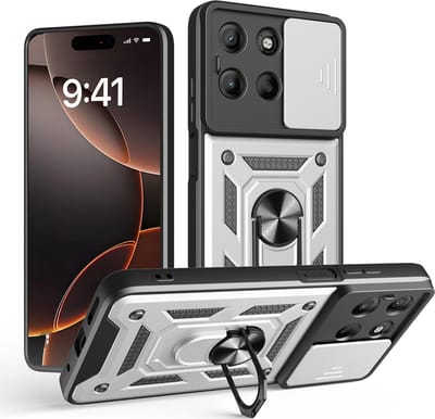 MobyDefend Hoesje - Geschikt voor Motorola Moto G15 / G15 Power / G17 / G17 Power - Pantsercase Met Draaibare Ring - Zilvergrijs