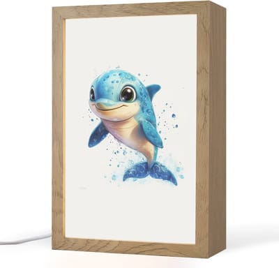 Nachtlampje 20x30 cm - Kinder lampje - Dolfijn - Blauw - Water - Druppels - Tafellamp kinderkamer - Slaapkamer lamp - Bedlamp kinderen - Kinderlampje stopcontact - Wandlamp babykamer - Nachtlampjes