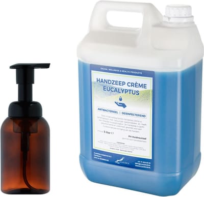 Zeepdispenser 300 ml amber bruin hervulbaar + 5 liter Handzeep Crème Eucalyptus navulling