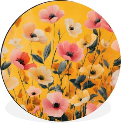 WallCircle - Wandcirkel - Muurcirkel - Bloemen - Veld - Geel - Aluminium - Dibond - 30x30 cm - Binnen en Buiten