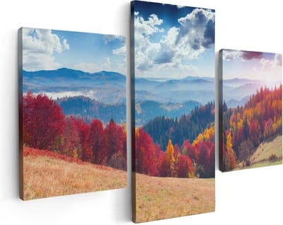Artaza Canvas Schilderij Drieluik Kleurrijke Herfstbos Met Heuvellandschap - 90x60 - Foto Op Canvas - Canvas Print