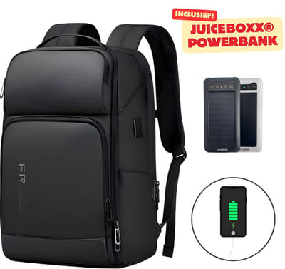 CarryQuest® - Laptop Rugzak - Incl. JuiceBoxx® - Powerbank USB Oplaadfunctie - Spat Waterdicht - Zwart - 35L Capaciteit - Laptopvak tot 15.6 inch