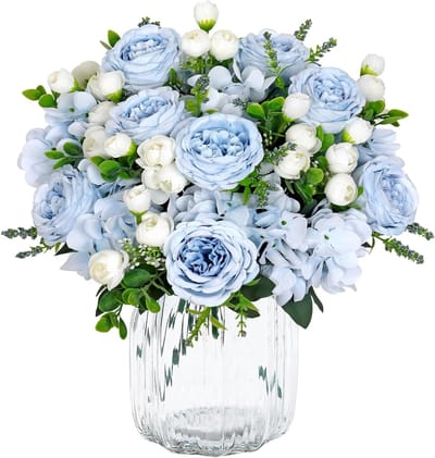 2 Bundles Kunstmatige Pioenrozen Boeket - Zijde Pioenbloemen en Hortensia's voor Bruiloft en Tafeldecoratie - Perfecte Bloemarrangementen in Blauw-Wit