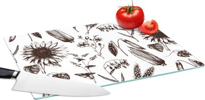 Glazen Snijplank - 39x28 - Patroon - Planten - Zwart - Wit - Snijplanken Glas