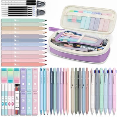 Aesthetic School Supplies Set met 56 Stuks in Paars - Perfect voor School en Creatief Gebruik