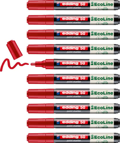 edding 50 EcoLine verfstift op waterbasis rood 10 stuks - ronde punt 2-3 mm - lakmarker met laag VOS-gehalte - navulbaar - geschikt voor o.a. gladde, donkere en transparante oppervlaktes