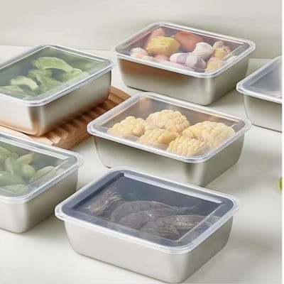 RVS Voedselopslag Serveerschalen Rechthoek Worst Noedels Fruitschaal met Deksel Thuis Keuken Organizers Voedselcontainer gray