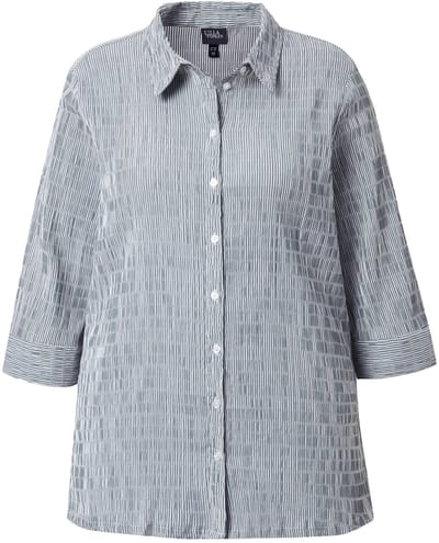 Ulla Popken - Dames - Overhemdblouse strepen bubble-structuur 3/4-mouwen - Olijfgrijs - Maat 46+