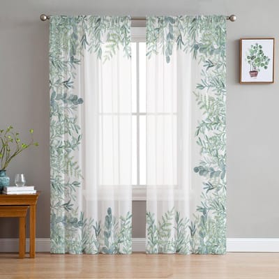 Aquarel Eucalyptus Bladeren Abstracte Raam Gordijnen Transparante Chiffon Tule Gordijn Thuis Woonkamer Achtergrond Decoratie 135W x 114H(cm) white