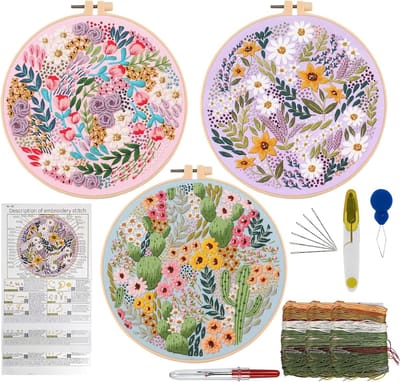Embroidery Kit voor Beginners - 3 Sets Stempelkruissteek Kits met Kat en Groene Planten, Inclusief Bamboo Ring, Schaar, Stof, Garens, Naalden en Instructies