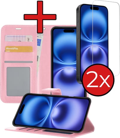 Hoesje - Met 2x Screenprotector - Geschikt voor Apple iPhone 16 - Luxe Pasjeshouder - Flip Case - Bookcase Portemonee - Kunstleer Book Case - Flipcase Hoes - Book Cover - Walletcase - Portemonneehoes - Telefoonhoes - Lichtroze