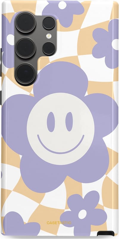 Casetastic hoesje geschikt voor Samsung Galaxy S24 Ultra - Dubbellaagse bescherming - Madeliefjes magie - Fashion Case - Lila Wit Zand Lichtgrijs