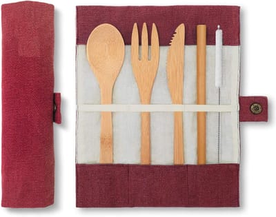 Famanu - Bamboe Bestek Set | Reisbestek | Tafelgerei | Mes, Vork, Lepel en Rietje | Houten Bestek Set | Bamboe Eetgerei | Camping Bestek Set met Opbergzakje | 20 cm | Olijf
