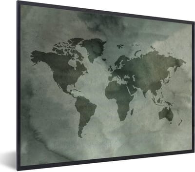 Poster in lijst - Fotolijst 80x60 cm - Posters - Wereldkaart - Grijs - Waterverf - Posterlijst zwart - Decoratie - Wanddecoratie woonkamer - Muurdecoratie slaapkamer