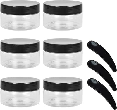 6 stuks 100 ml kunststof blikjes transparant met rond deksel met mini-spatel, lege transparante kunststof kleine containers, lege crèmepotjes voor make-up, specerijen, levensmiddelen