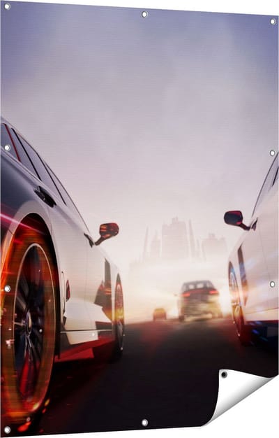 Gards Tuinposter Twee Raceauto's - Blauw Tegen Rood - 90x120 cm - Tuindoek - Tuindecoratie - Wanddecoratie buiten - Tuinschilderij