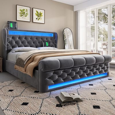 DESMIU Gestoffeerd Bed 140x200cm – Ledverlichting Rondom – Hydraulisch Opbergbed Met Oplaadpunt – Met Matras – Voor Slaapkamer – Fluweel – Grijs
