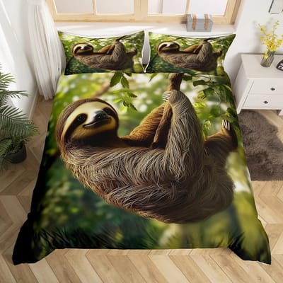 Schattige Luiaard Dekbedovertrek Waterverf Bloemen Beddengoed Set Lief Jungle Dier Dekbedovertrek Twin King Kawaii Luiaard Bedsprei Overtrek US Full(200*230cm)3pcs