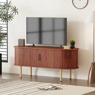 Moderne tv-standaard van 120 cm voor de woonkamer - Stevig hout- schuifdeuren- ruime opbergruimte - voor schermen tot 80 inch-Elegant walnoothout-zwarte handgreep