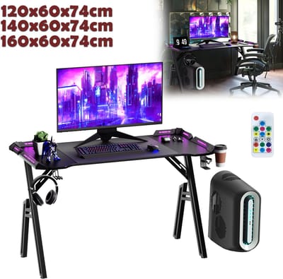 140 x 60 cm gaming tafel gaming bureau met instelbare RGB LED computertafel werktafel ergonomische PC gaming tafel zwart