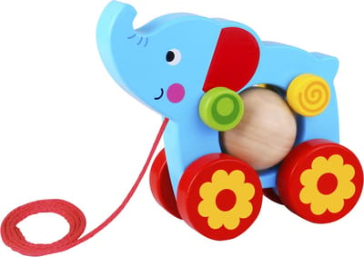 Tooky Toy Olifant Trekfiguur - Houten Speelgoed - Vanaf 18 Maanden - Blauw/rood