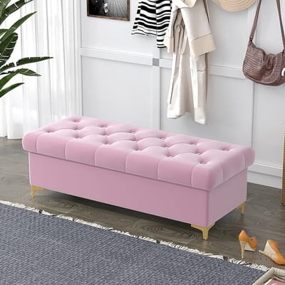 Opbergbank Fluweel - Voetenbank Zitbank - Entree Woonkamer - Kristal Knoop Decoratie - 60x40x40cm - Roze