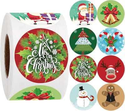500 Kerststickers Rol - Ronde Cadeaulabels 1,5 Inch - 8 Kerst Designs - Zelfklevende Xmas Stickers voor Enveloppen en Cadeaus