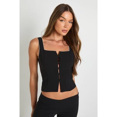 boohoo Dames Bengaline vest met knoopsluiting en picot afwerking | Zwart | Maat: 42