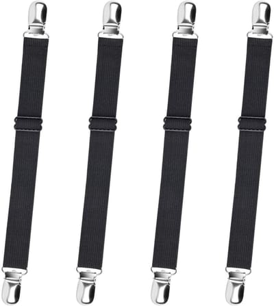 Daity 4-Pack - Lakenspanners - Verstelbare elastische lakenriemen - Antislip matrasbevestigingen - Lakenspannerset - Dekbedclips (Zwart)