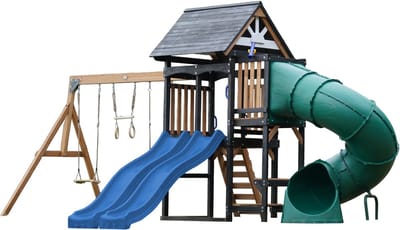 AXI Cody Speeltoestel met Schommels, Trapeze en Klimwand – Blauwe Dubbele Glijbaan – Met Buisglijbaan - Met Picknickbank - FSC 100% hout – Speeltoren voor de tuin / buiten