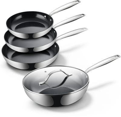 BE Living RVS Pannenset 4-delig - Ø 20, 24 & 28 cm Koekenpannenset + Ø 28 cm Wokpan met Deksel - Keramisch - Inductie Pannen - PFAS Vrij Anti Aanbak - Essential Series