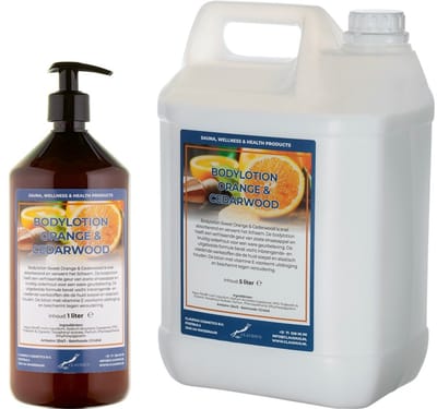 Bodylotion Sweet Orange & Cedarwood 1 liter met gratis pomp - hervulbaar + Jerrycan 5 liter navulling