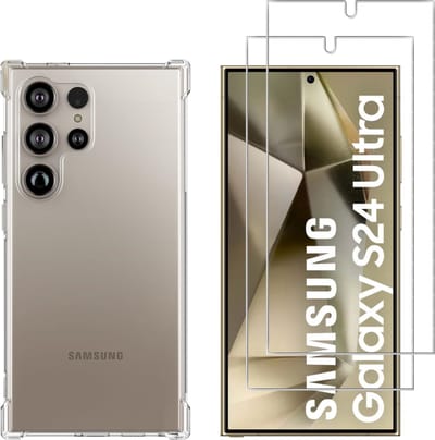 Hoesje voor Samsung Galaxy S24 Ultra backcover Shockproof siliconen Transparant en 2 stuks Screenprotector Gehard Glas