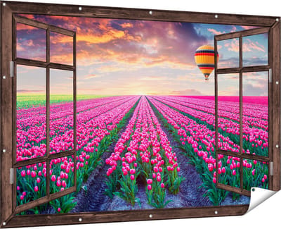Gards Tuinposter Doorkijk Bloemenveld met Roze Tulpen - Luchtballon - 180x120 cm - Tuindoek - Tuindecoratie - Wanddecoratie buiten - Tuinschilderij