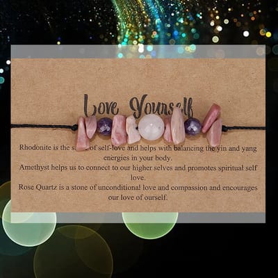 Bixorp "Love Yourself" Armbandje - Edelstenen Cadeau Armband op kaartje - Rozenkwarts, Amethist & Rhodoniet