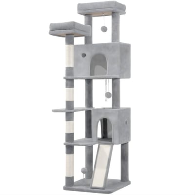 Kattenboom – Voor Binnenkatten – 178 cm Kattenboom met Meerdere Niveaus, Klimframe, Krabpalen en Krabplank – Lichtgrijs