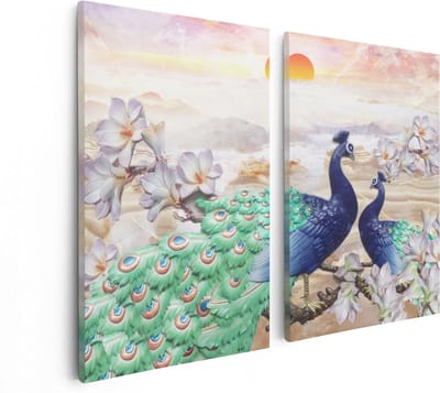 Artaza Canvas Schilderij Tweeluik Twee Pauwen Bij Elkaar Met Bloemen - Liefde - 80x60 - Foto Op Canvas - Canvas Print