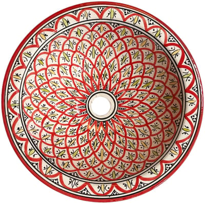 Marokkaanse waskom - Handgemaakte aardewerk opbouw-wasbak - Ø 40 cm - Bordeauxrood & wit design - Wastafel -
