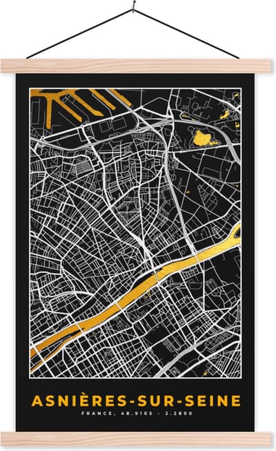 Posterhanger incl. Poster 40x60 cm - Schoolplaat - Plattegrond – Asnières-sur-Seine – Stadskaart – Kaart – Frankrijk - Textielposter - Blanke latten - Stadskaart