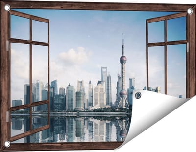 Gards Tuinposter Doorkijk Shanghai Skyline in China - 60x40 cm - Tuindoek - Tuindecoratie - Wanddecoratie buiten - Tuinschilderij