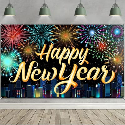 Dailygoods- Nieuwjaarsbanner Extra Groot - Feest Decoratie - Achtergrond - Vuurwerkpatronen - 180x110 cm - Zwart/Goud - Feestdecoratie