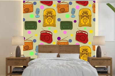 Behang - Fotobehang Vintage - Radio - Microfoon - Patroon - Breedte 240 cm x hoogte 240 cm