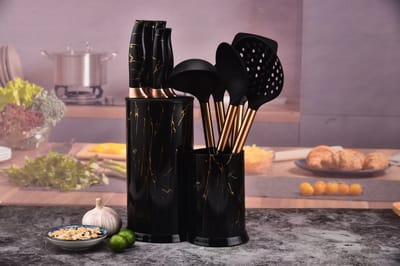 Keukengerei set - 11-delige set - Messen set met blok RVS - Luxe kookgerei set - Hitte bestendig - Marmeren details - Zwart met Goud