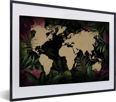 Poster in lijst - Fotolijst 60x40 cm - Posters - Wereldkaart - Bladeren - Jungle - Posterlijst zwart - Decoratie - Wanddecoratie woonkamer - Muurdecoratie slaapkamer