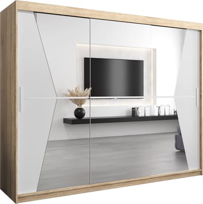InspireMe - Kledingkast met 3 schuifdeuren, Modern-stijl, Een kledingkast met planken en een spiegel (BxHxD): 250x200x62 - TOTO 250 Sonoma Eik + Wit Mat